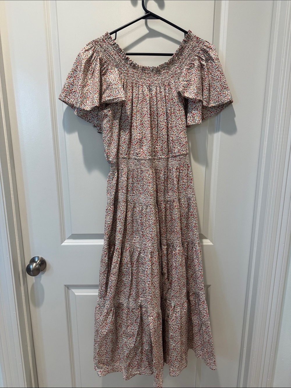 THE GREAT. Cream Maxi Dress with Red & Green Floral Print